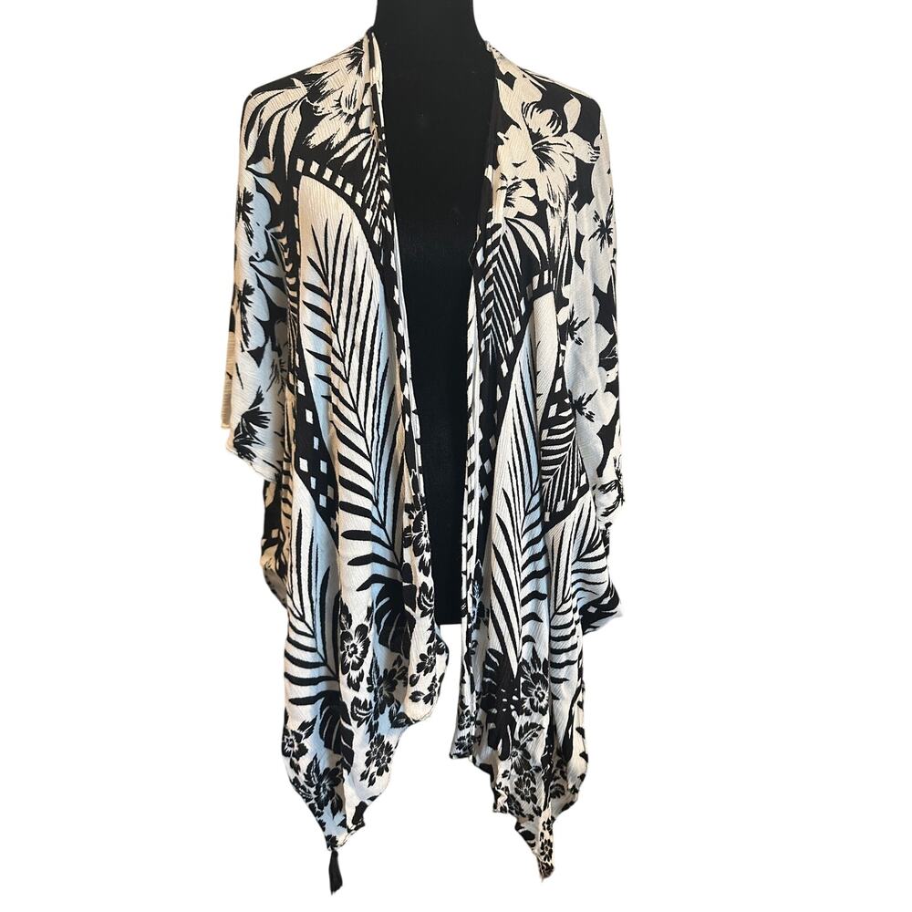 Vince Camuto Tropical Palm Print Kimono Tassel Hem Open Front Cover Up